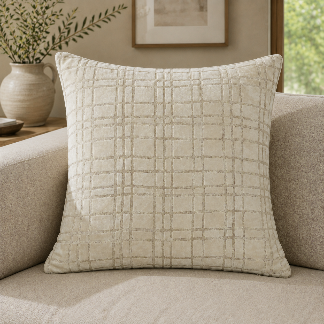 Malini Paul Moneypenny Drunk Plaid Ivory Velvet Square Cushion 56x56 lifestyle image