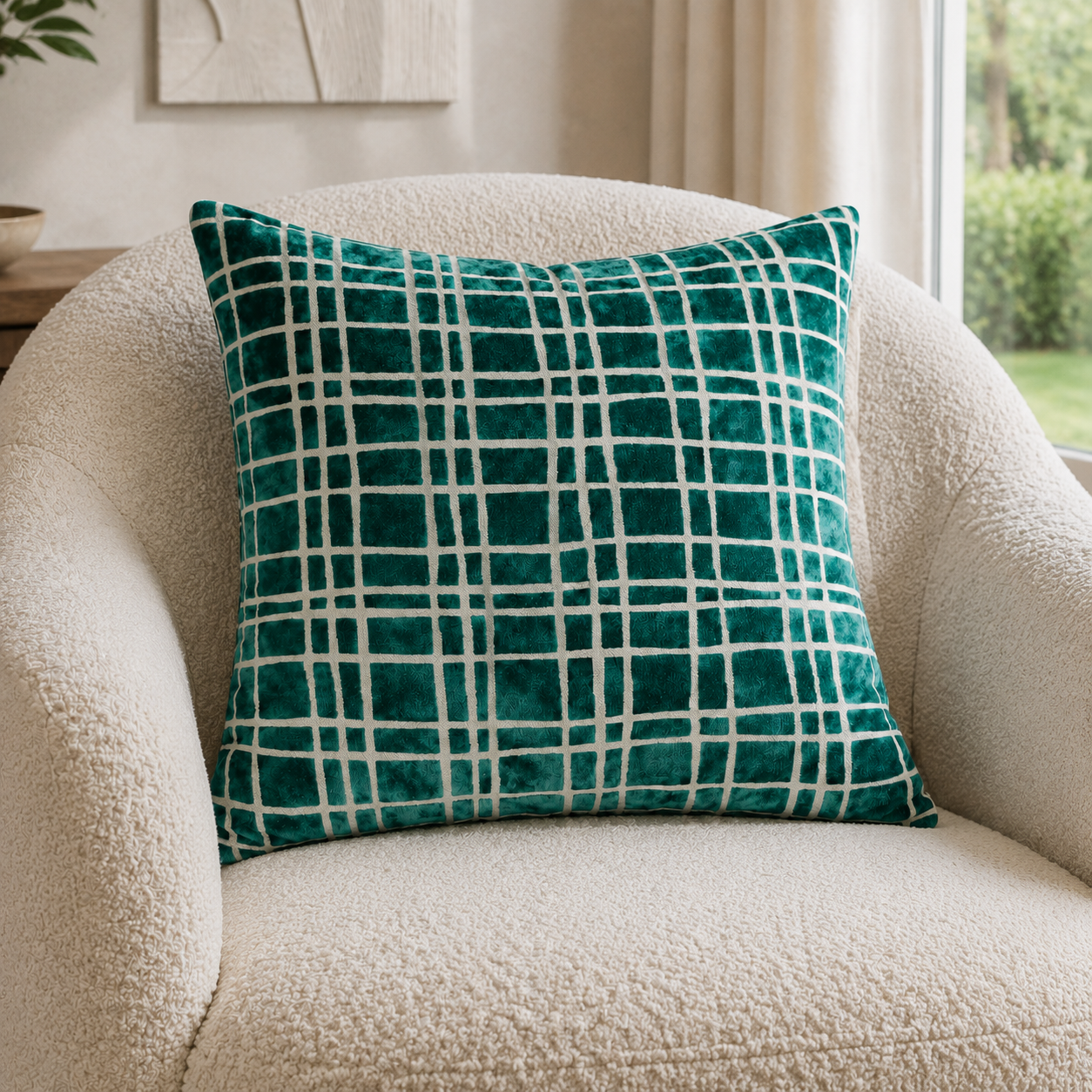Malini Paul Moneypenny Drunk Plaid Teal Blue Velvet Square Cushion 56x56 lifestyle image