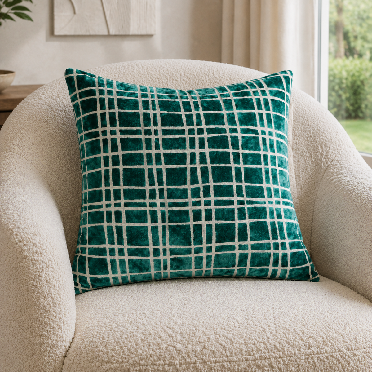 Malini Paul Moneypenny Drunk Plaid Teal Blue Velvet Square Cushion 56x56 lifestyle image