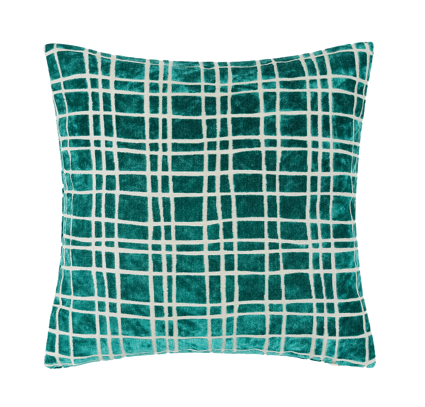 PM ABSTRACT CHECK CUT VELVET CUSHION TEAL IN 56X56CM