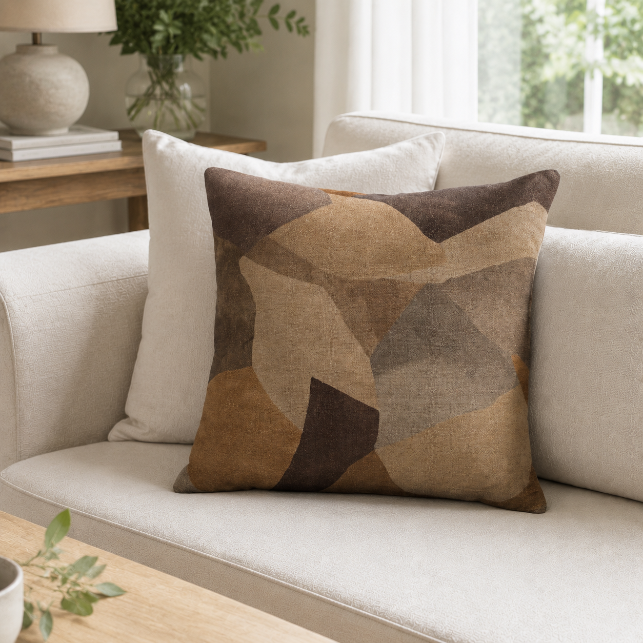 Malini Dubbo Abstract Geos Earthy Linen Square Cushion 50x50 styled on light neutral furniture