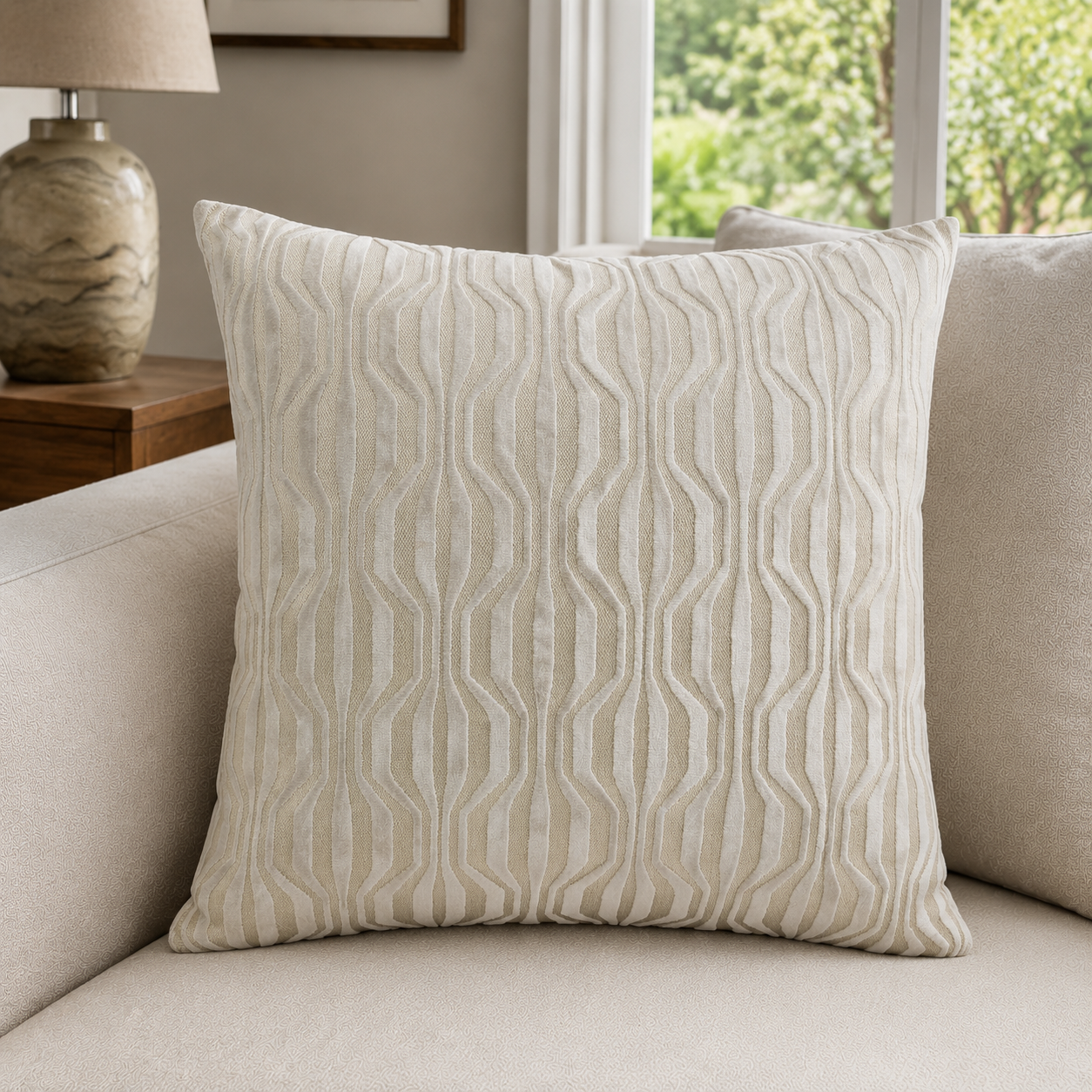 Malini Erin Velvet Hills And Valleys Ivory Square Cushion 56x56 styled on light neutral furniture
