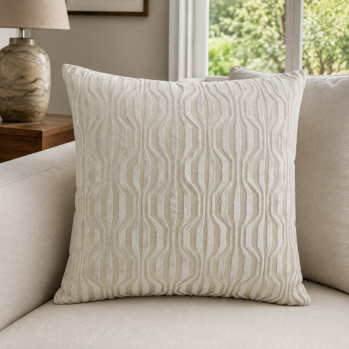 Malini Erin Velvet Hills And Valleys Ivory Square Cushion 56x56 styled on light neutral furniture