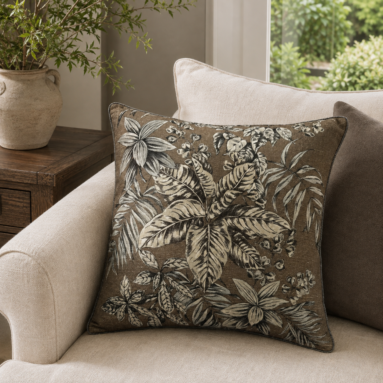 Malini Frangipani Taupe Floral Cushion 50x50 lifestyle image