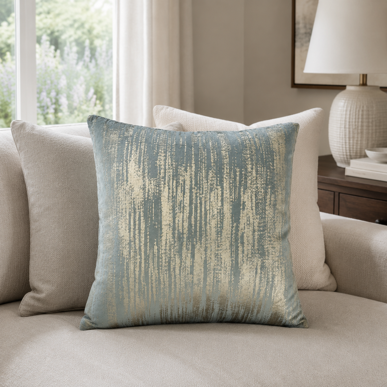Malini Heist grey velvet cushion with gold streaks 50x50 in a neutral living room