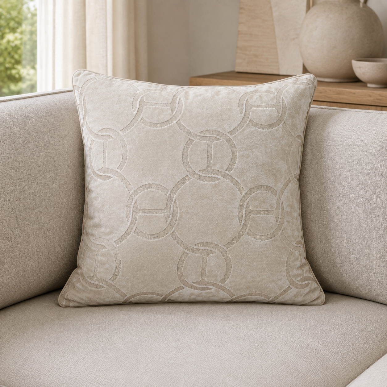 Malini Pm Chains Cut Velvet Ivory Square Cushion 56x56 lifestyle image