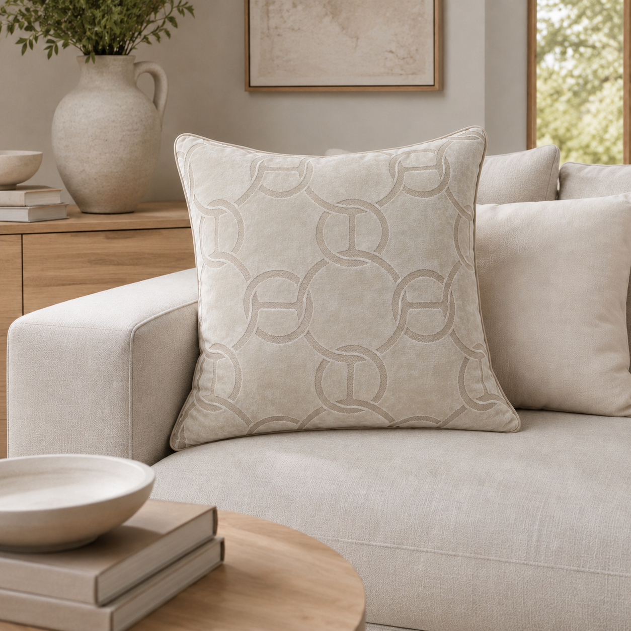 Malini Hookup Ivory 56x56 cut velvet cushion styled on a light neutral sofa
