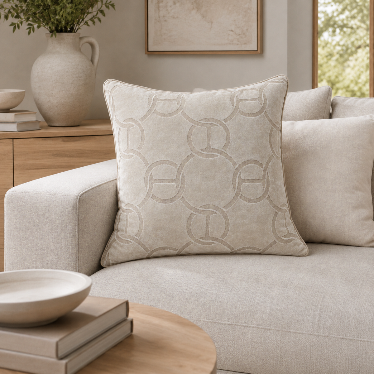 Malini Hookup Ivory 56x56 cut velvet cushion styled on a light neutral sofa