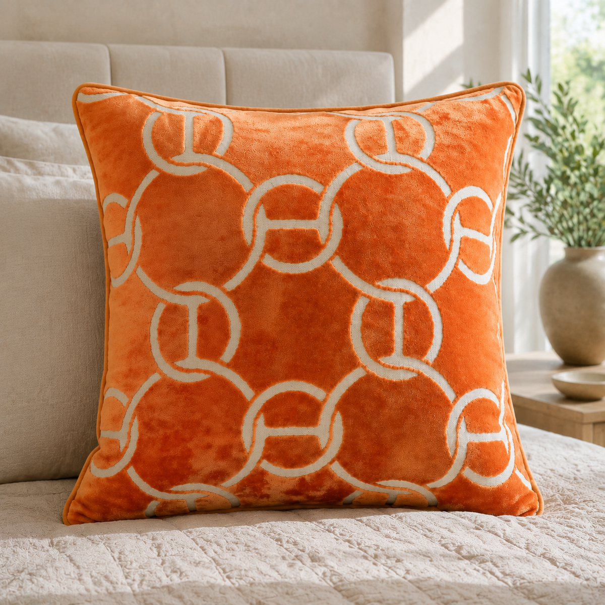 Malini Pm Chains Cut Velvet Orange Square Cushion 56x56 lifestyle image