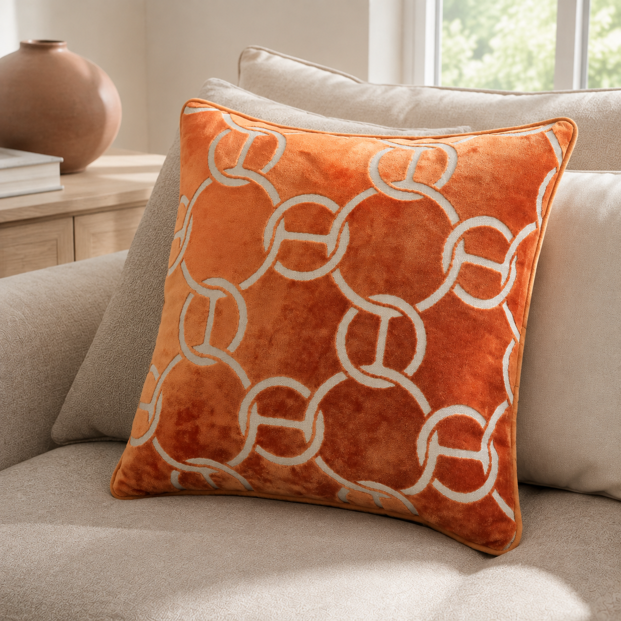 Malini Hookup Orange 56x56 cut velvet cushion styled on a light neutral sofa