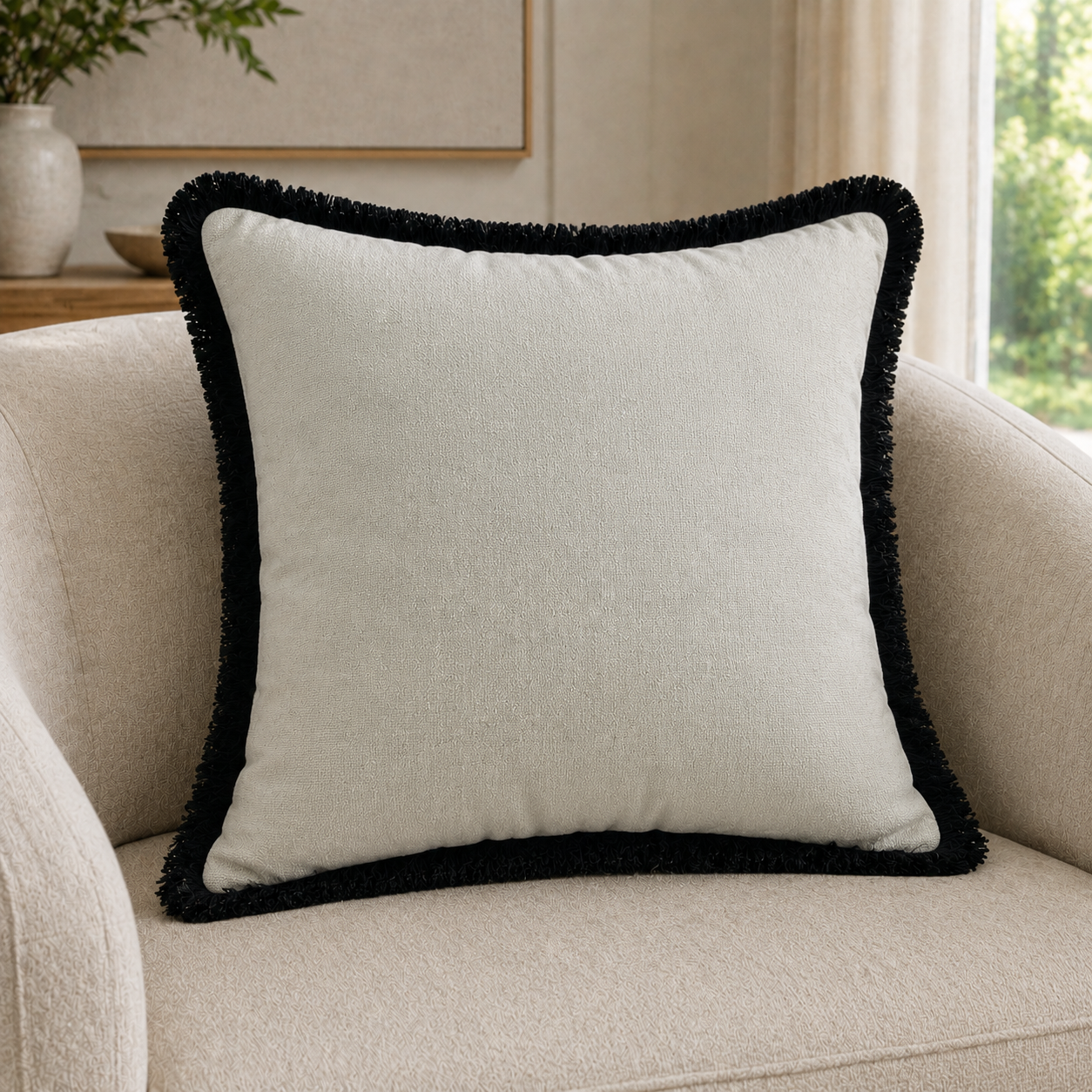 Malini Slub With Heavy Black Fringe Square Cushion 56x56 lifestyle image