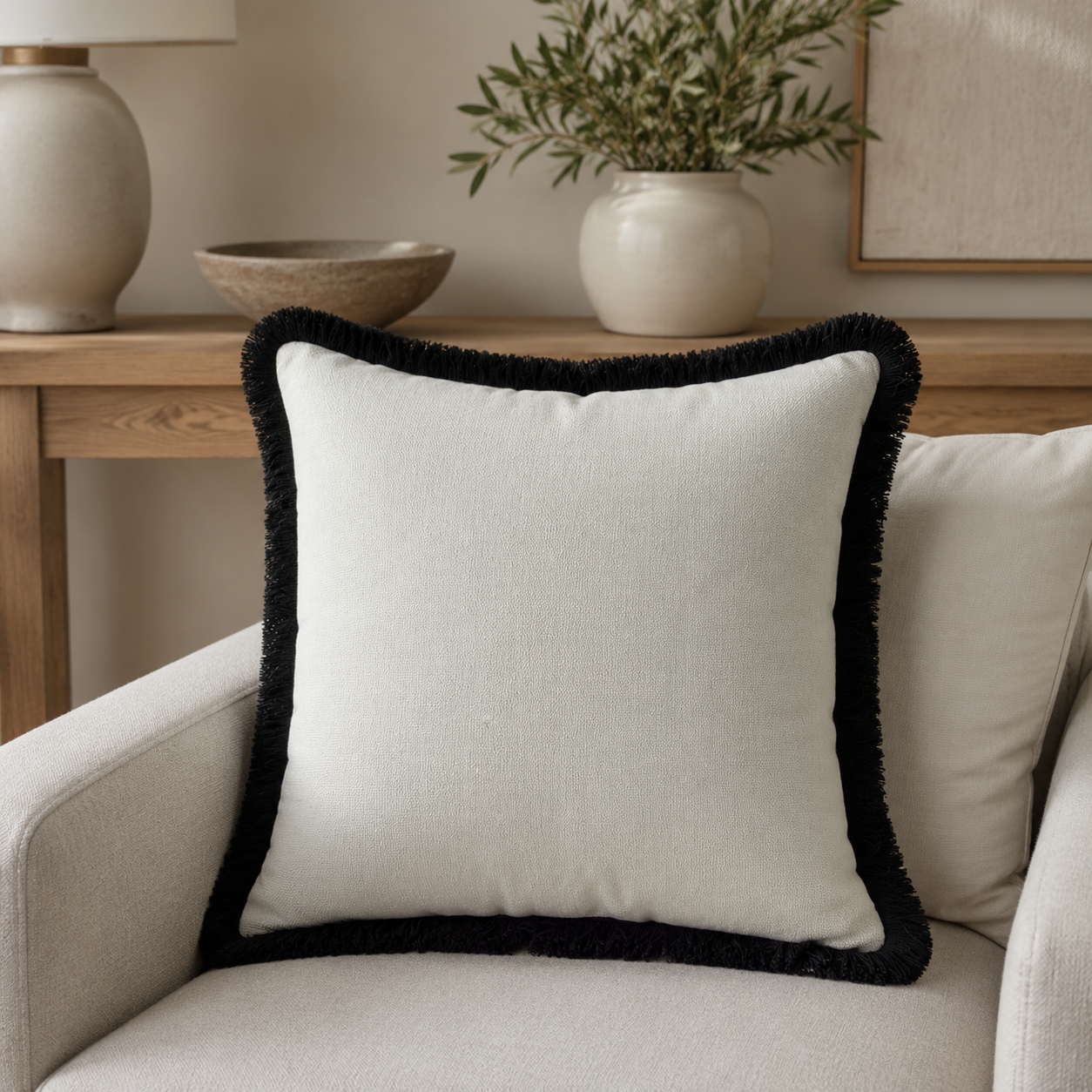 Malini Hugo cream and black fringe 56x56 cushion styled on a light neutral armchair