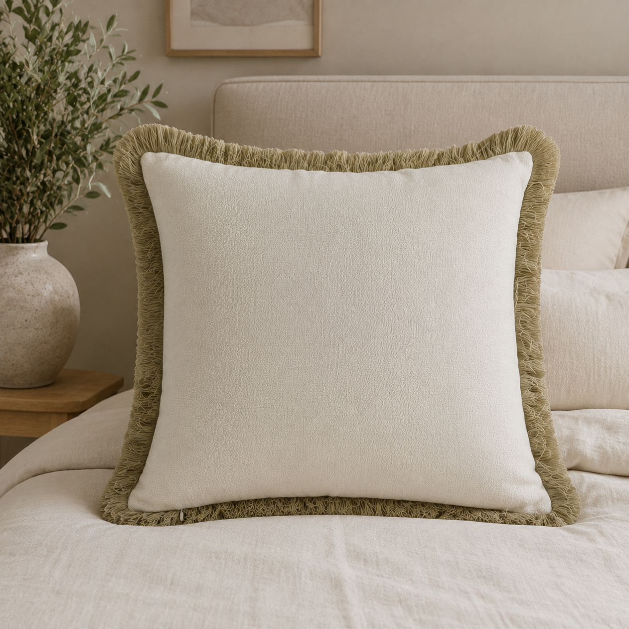 Malini Slub With Heavy Natural Fringe Square Cushion 56x56 lifestyle image