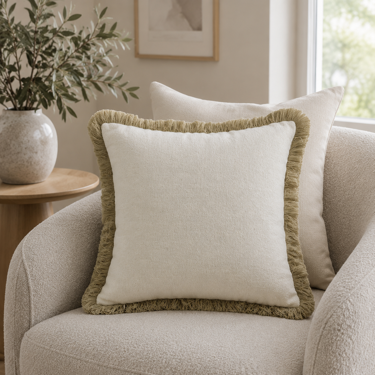 Malini Hugo Natural 56x56 cushion styled in a neutral living room