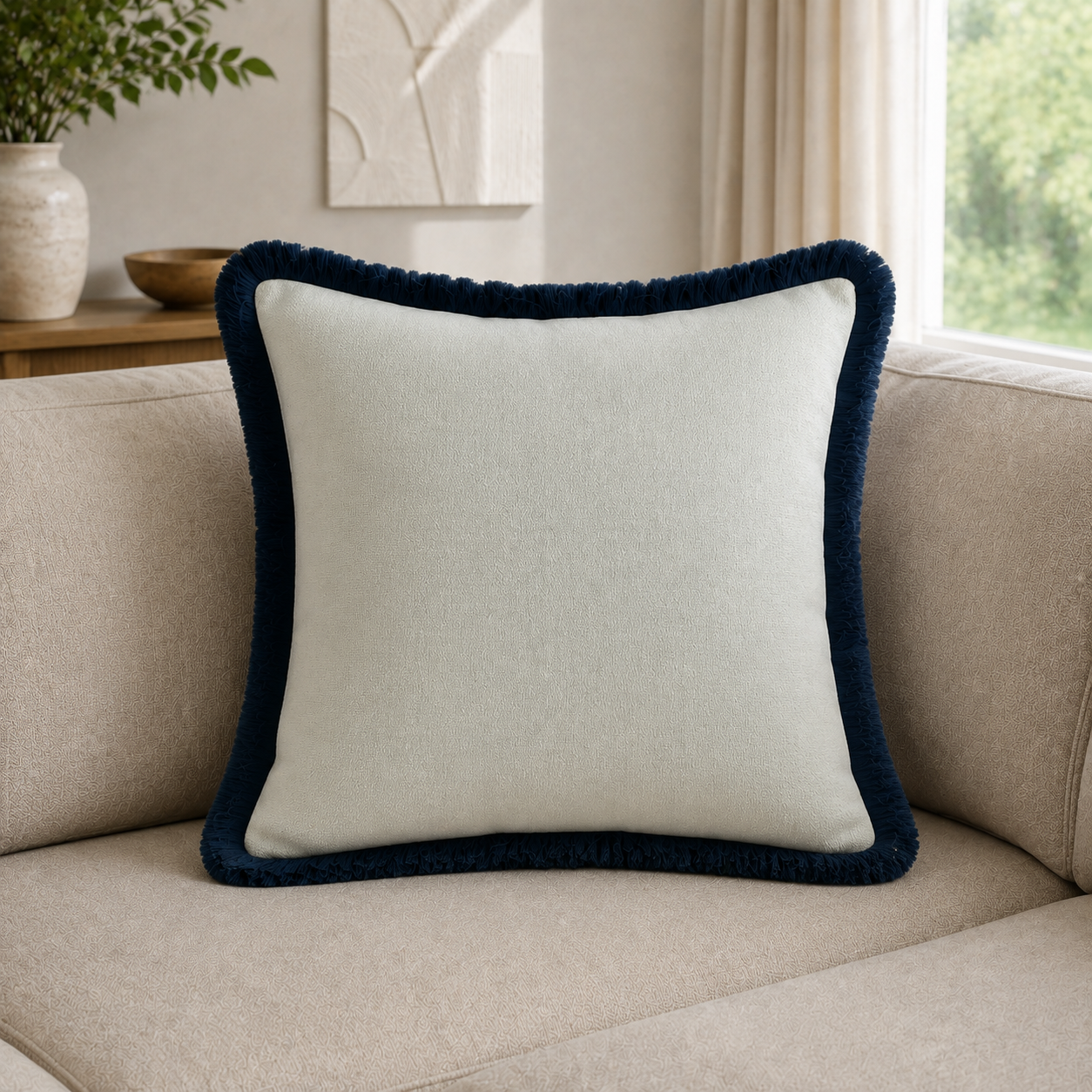 Malini Slub With Heavy Navy Fringe Square Cushion 56x56 lifestyle image