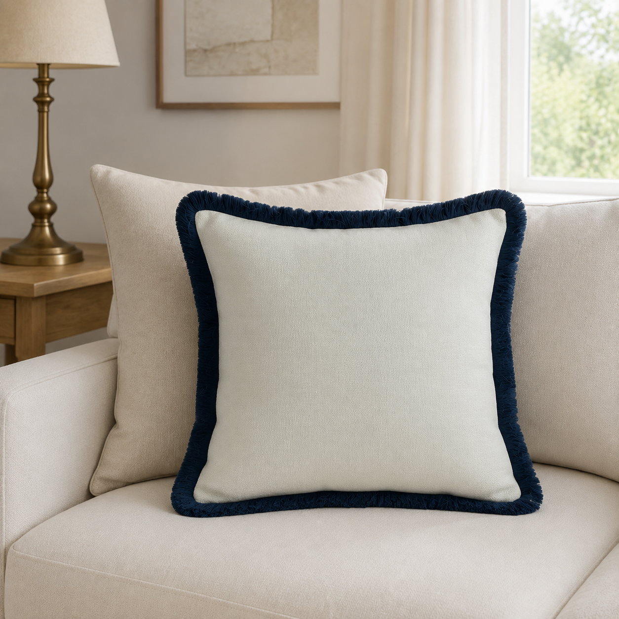 Malini Hugo Navy 56x56 cushion styled in a neutral living room