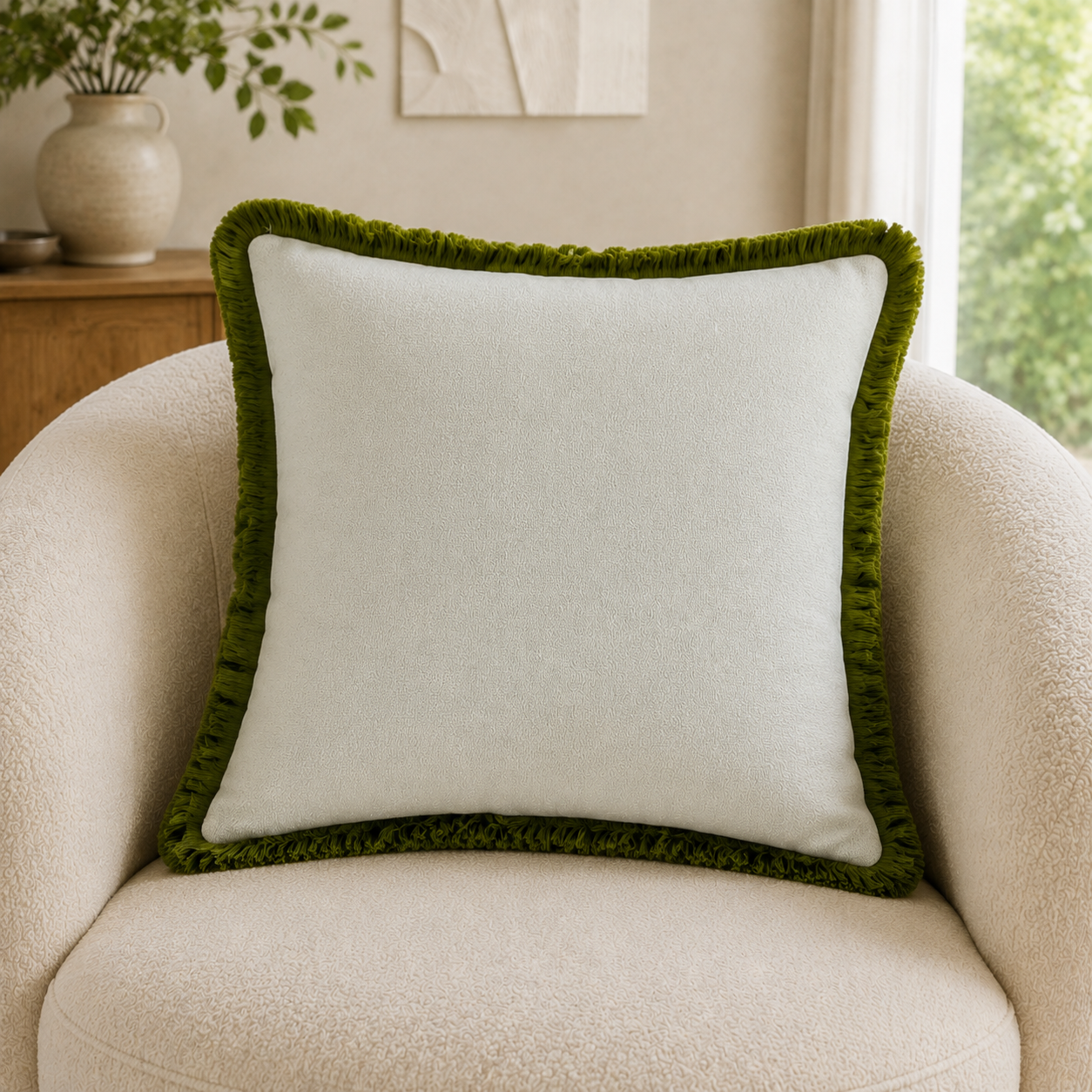 Malini Slub With Heavy Olive Fringe Square Cushion 56x56 lifestyle image