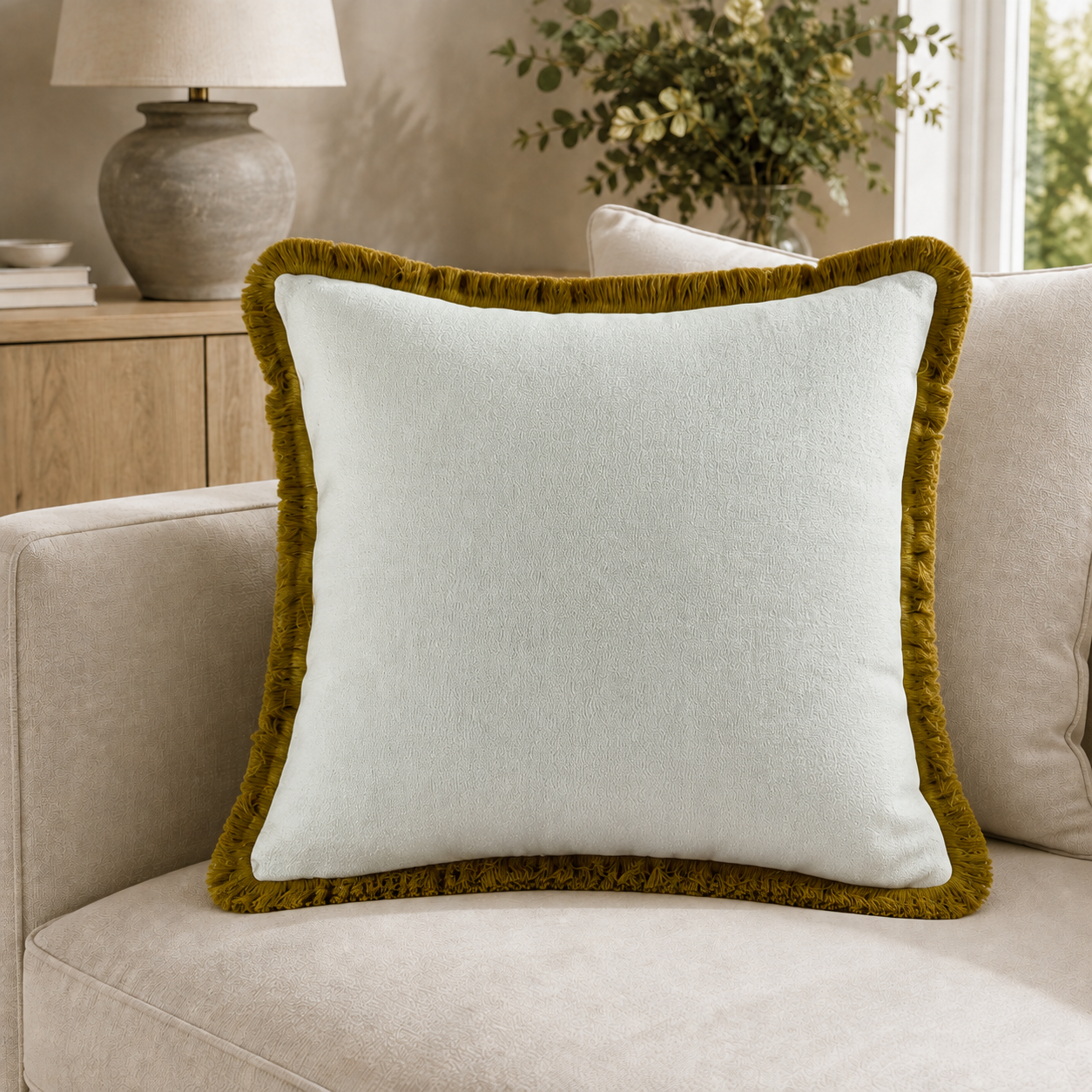 Malini Slub With Heavy Natural Fringe Square Cushion 56x56 lifestyle image