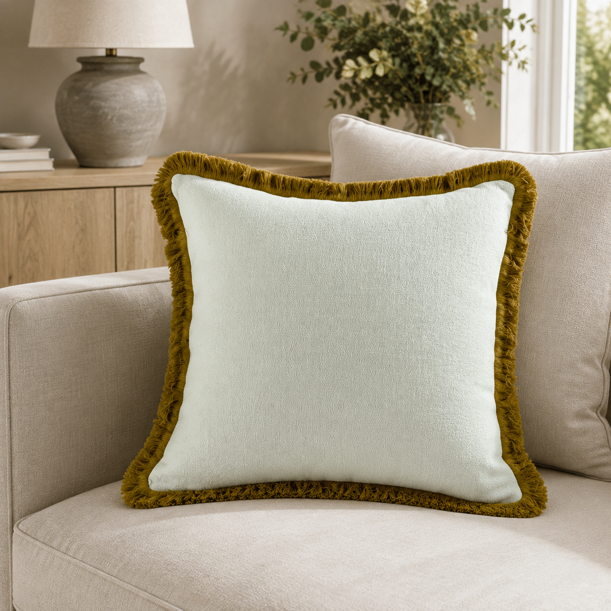 Malini Hugo Whiskey 56x56 cushion styled in a neutral living room