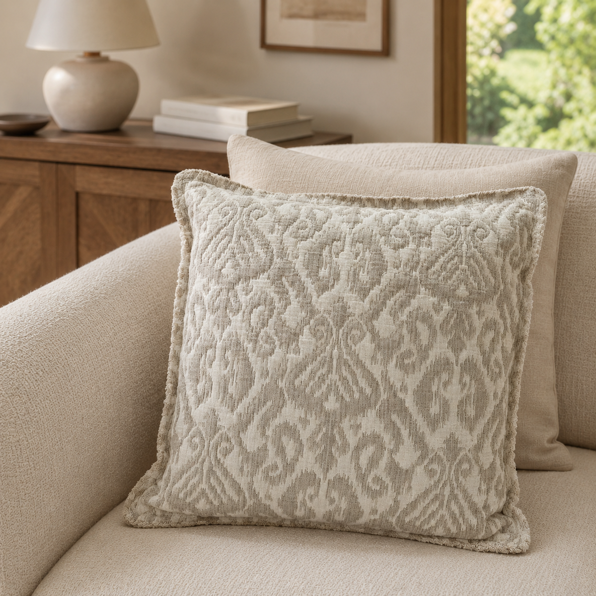 Malini Ikara natural jacquard square cushion 50x50 in a neutral living room
