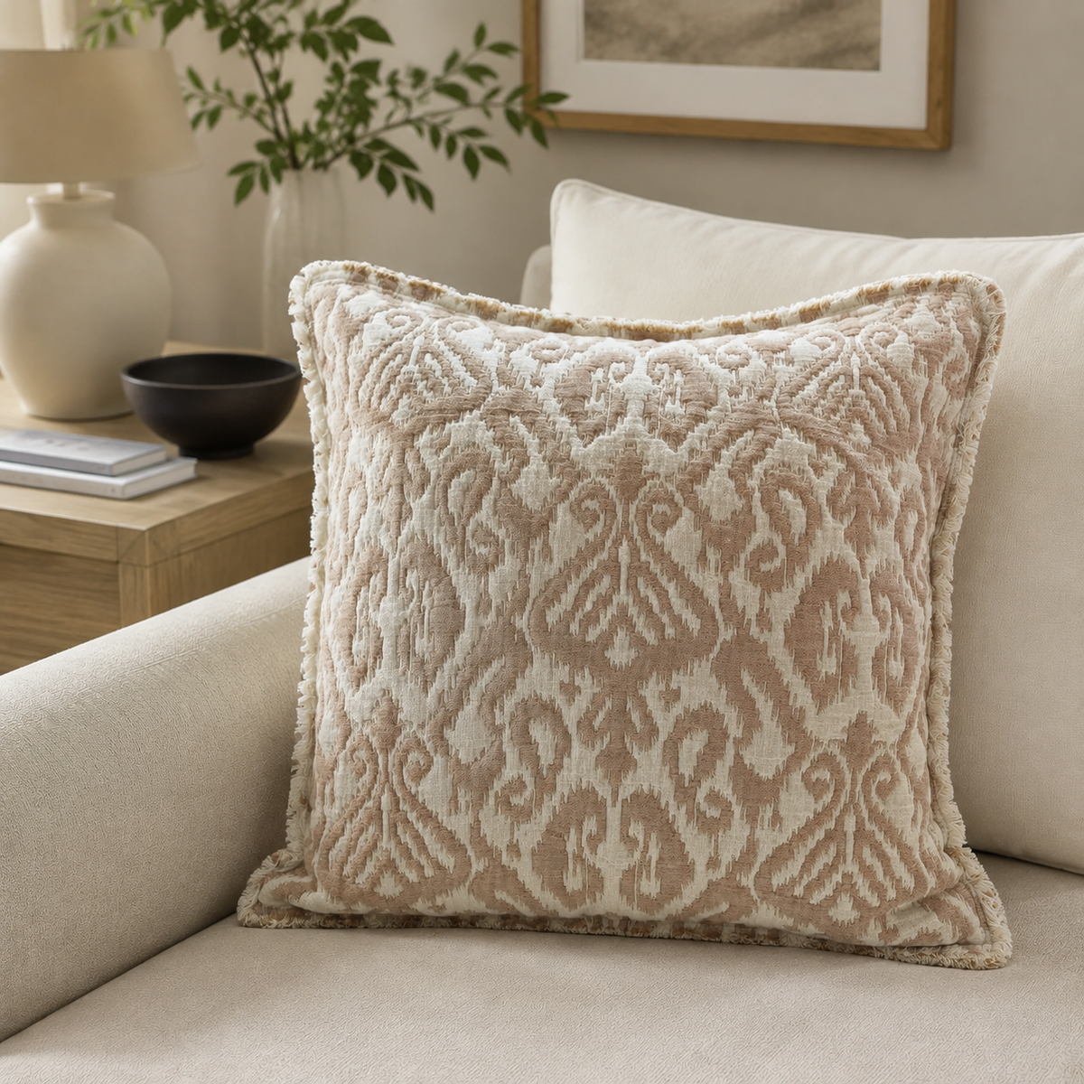 Malini Ikara rust orange jacquard square cushion 50x50 in a neutral living room