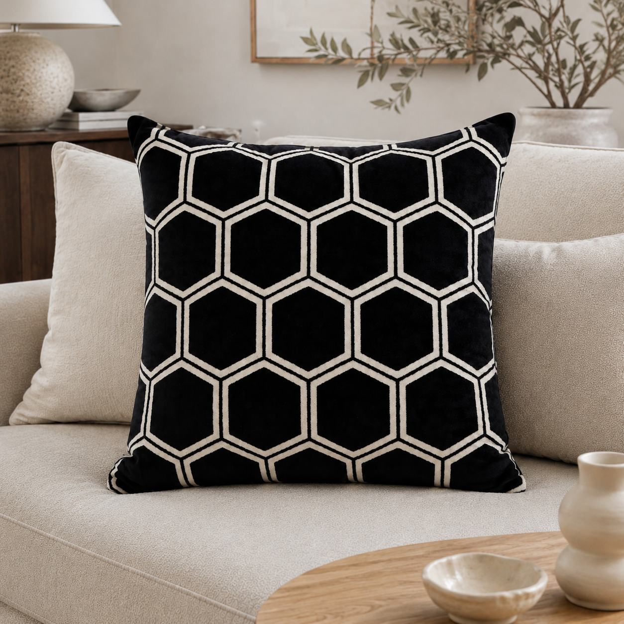 Malini Ivor Hexagon Velvet Black Square Cushion 56x56 lifestyle image