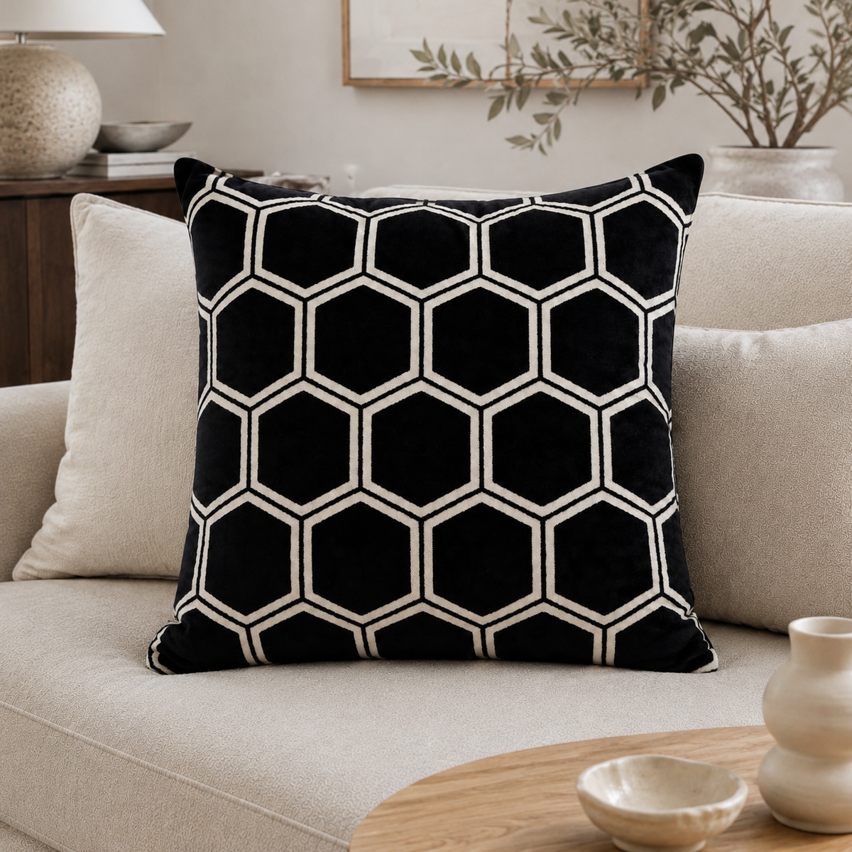 Malini Ivor Hexagon Velvet Black Square Cushion 56x56 lifestyle image