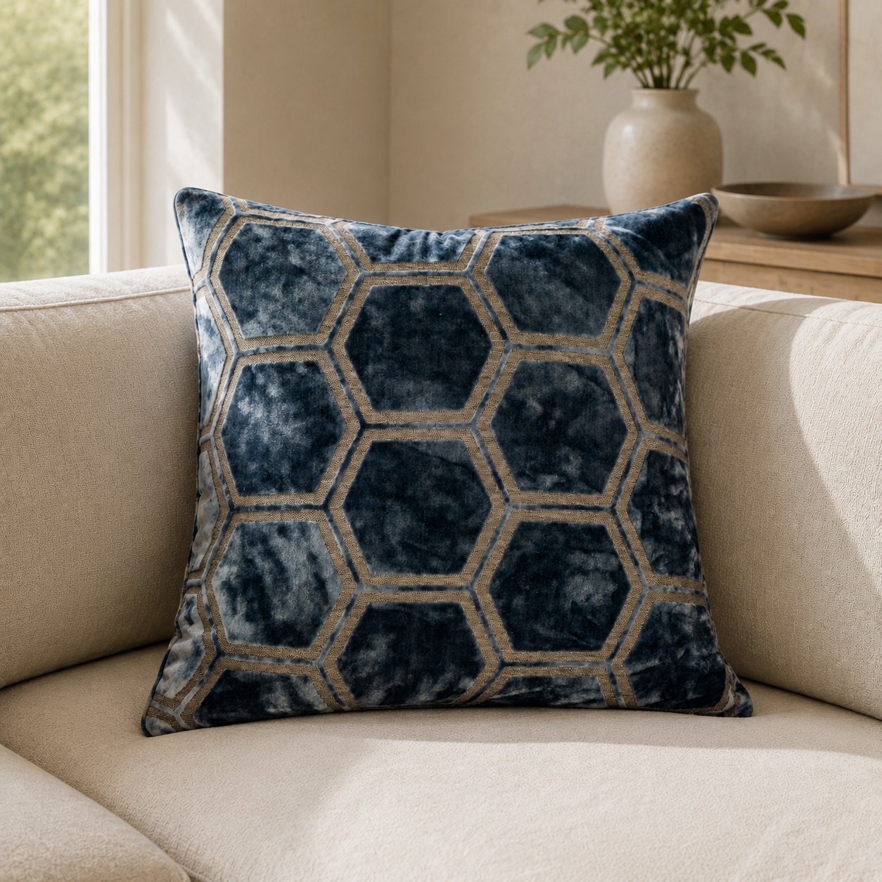Malini Ivor Hexagon Velvet Blue Square Cushion 56x56 lifestyle image