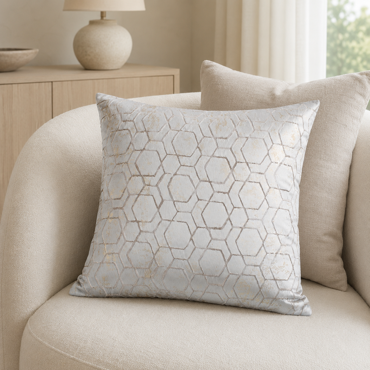 Malini Jaan matt silver velvet geometric square cushion 50x50 in a neutral living room