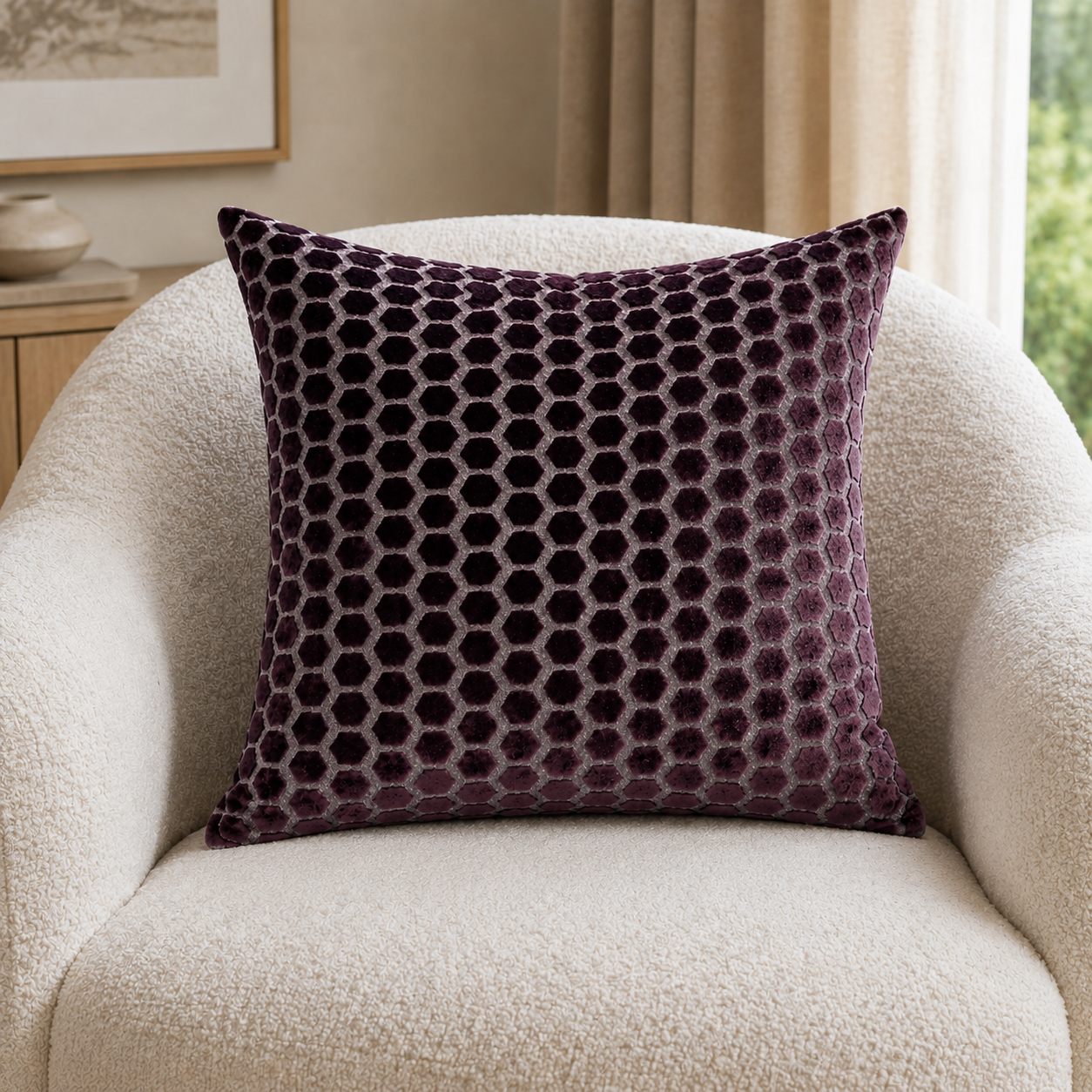 Malini Jorvik Hex Velvet Aubergine Square Cushion 56x56 lifestyle image