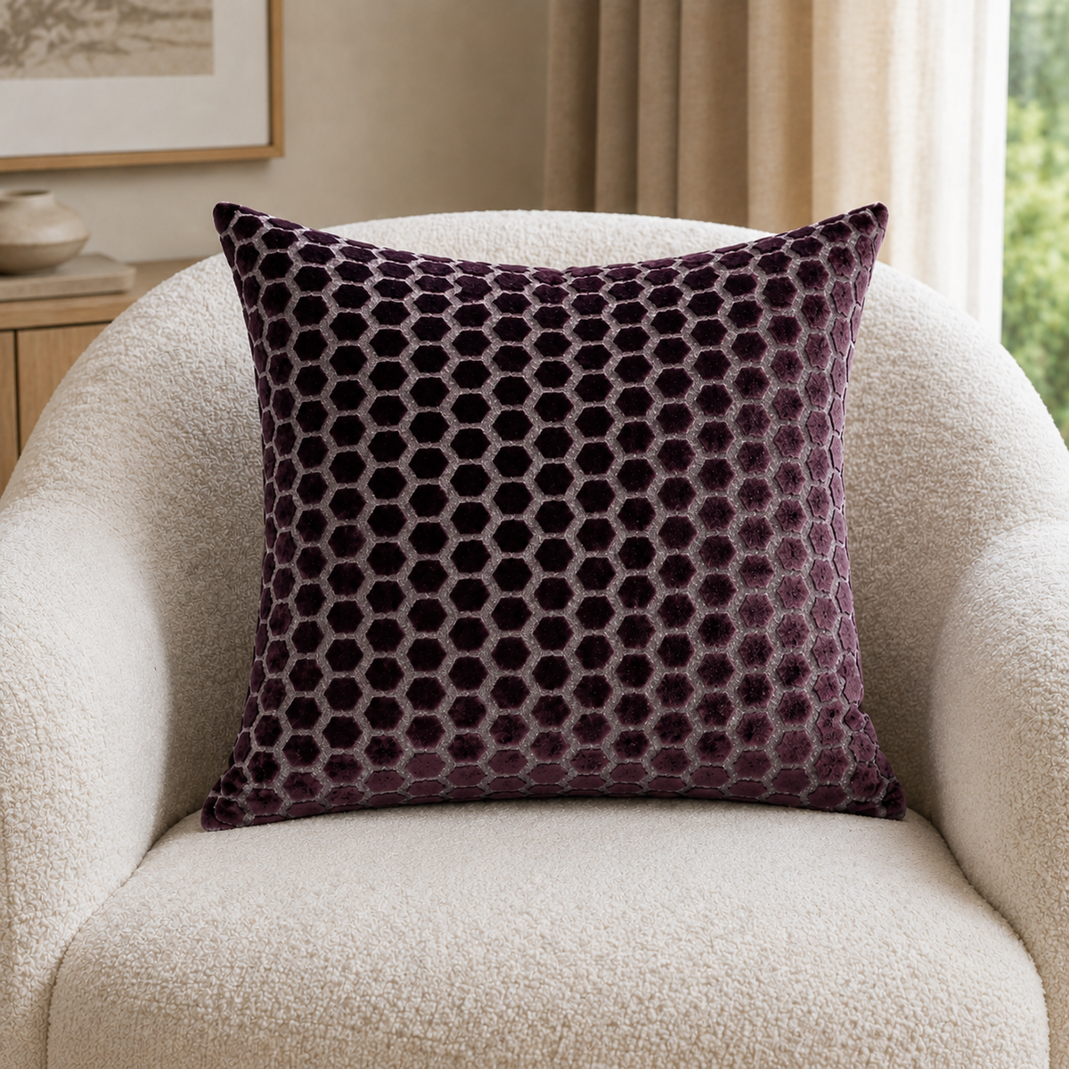 Malini Jorvik Hex Velvet Aubergine Square Cushion 56x56 lifestyle image