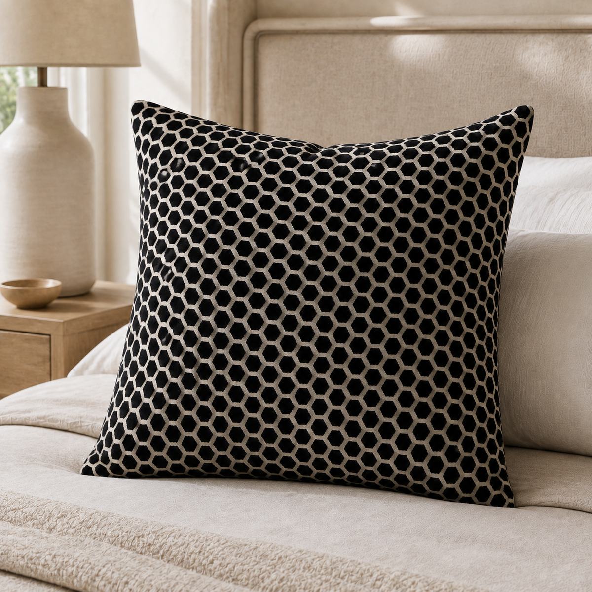Malini Jorvik Hex Velvet Black Square Cushion 56x56 lifestyle image