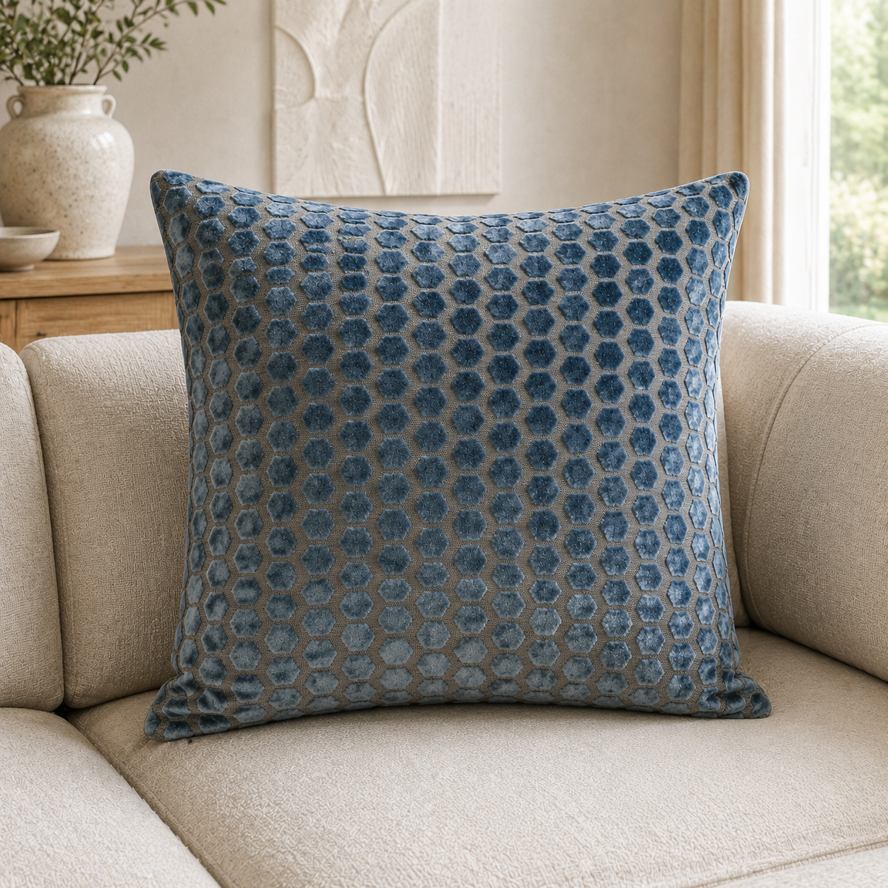 Malini Jorvik Hex Cut Vevlet Blue Square Cushion 56x56 lifestyle image