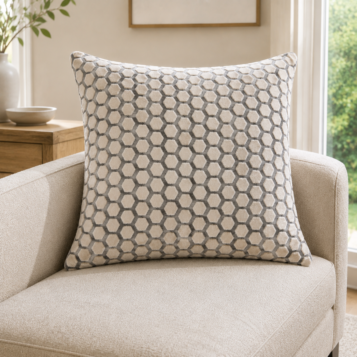 Malini Jorvik Hex Velvet Cream Square Cushion 56x56 lifestyle image