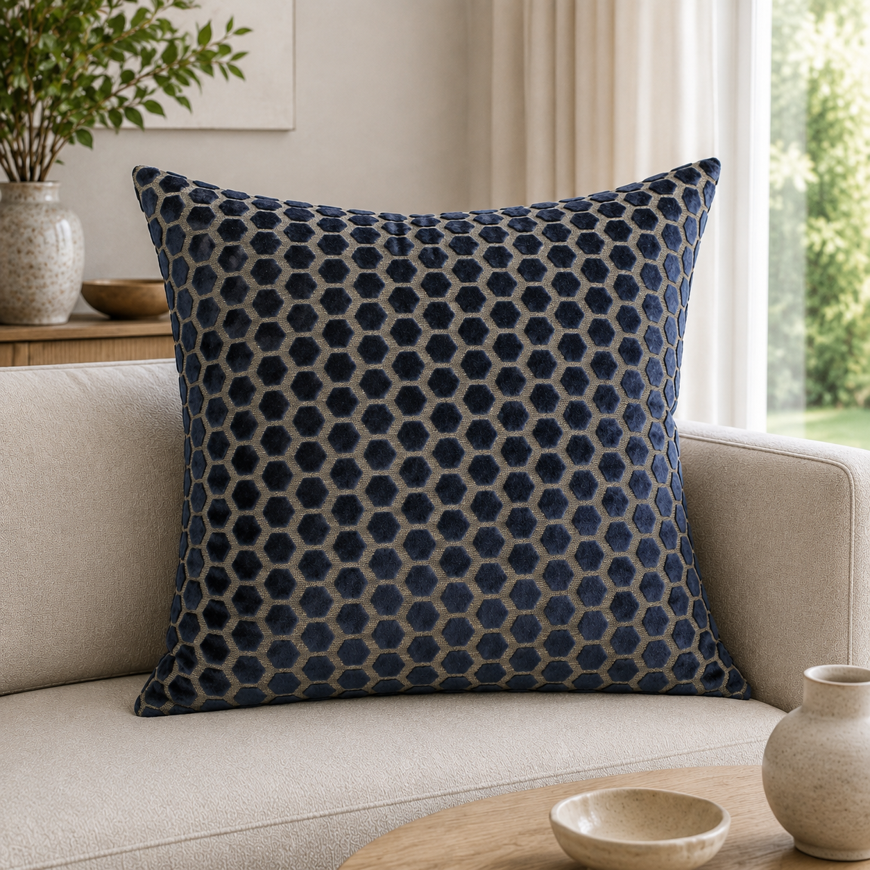 Malini Jorvik Hex Velvet Navy Square Cushion 56x56 lifestyle image