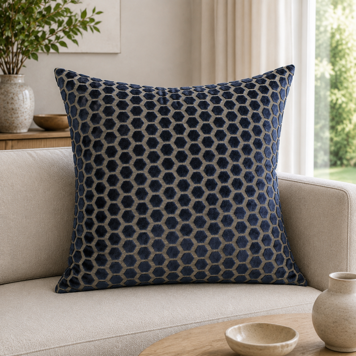 Malini Jorvik Hex Velvet Navy Square Cushion 56x56 lifestyle image