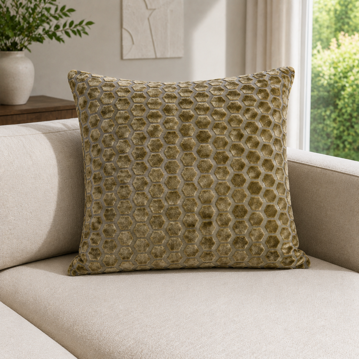 Malini Jorvik Hex Velvet Olive Green Square Cushion 56x56 lifestyle image