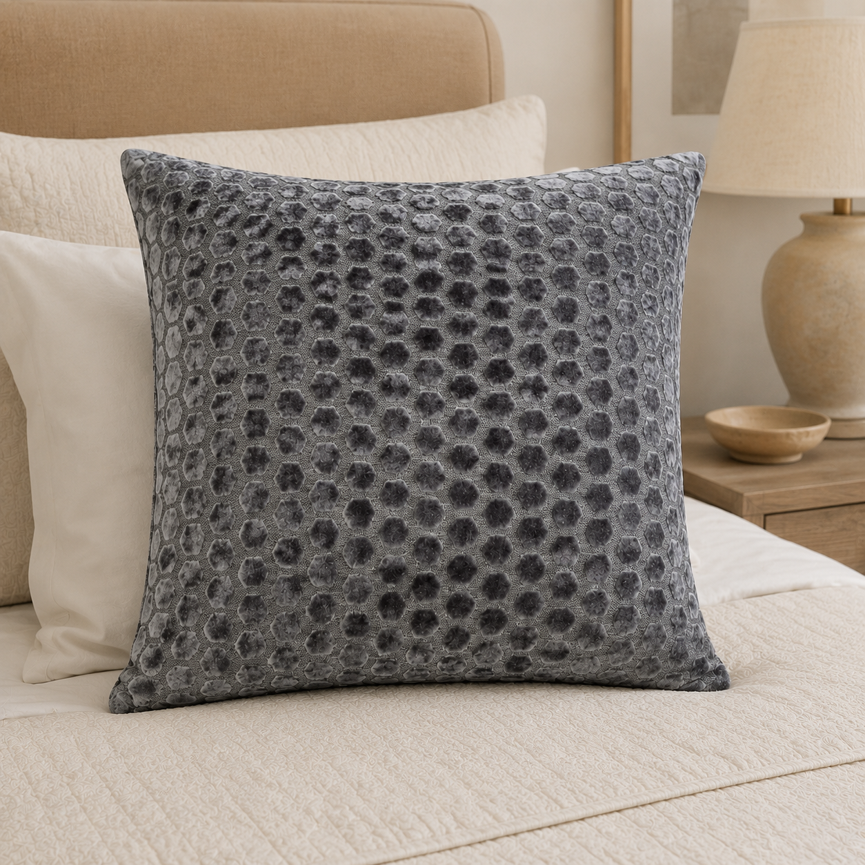 Malini Jorvik Hex Velvet Slate Square Cushion 56x56 lifestyle image