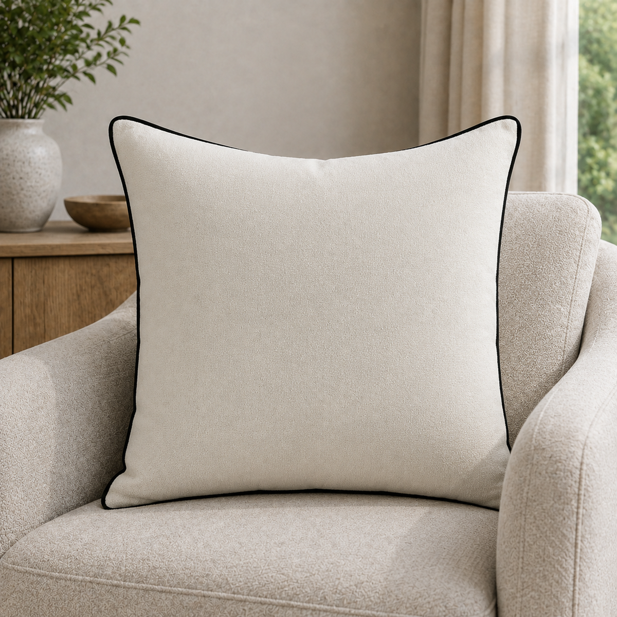 Malini Lge Slub Cm With Blackpiping & Black Rev Square Cushion 56x56 lifestyle image