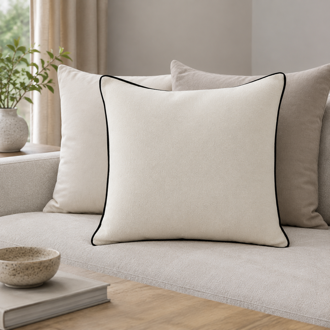 Malini Cream Slub Square Cushion with Black Piping styled on a neutral sofa