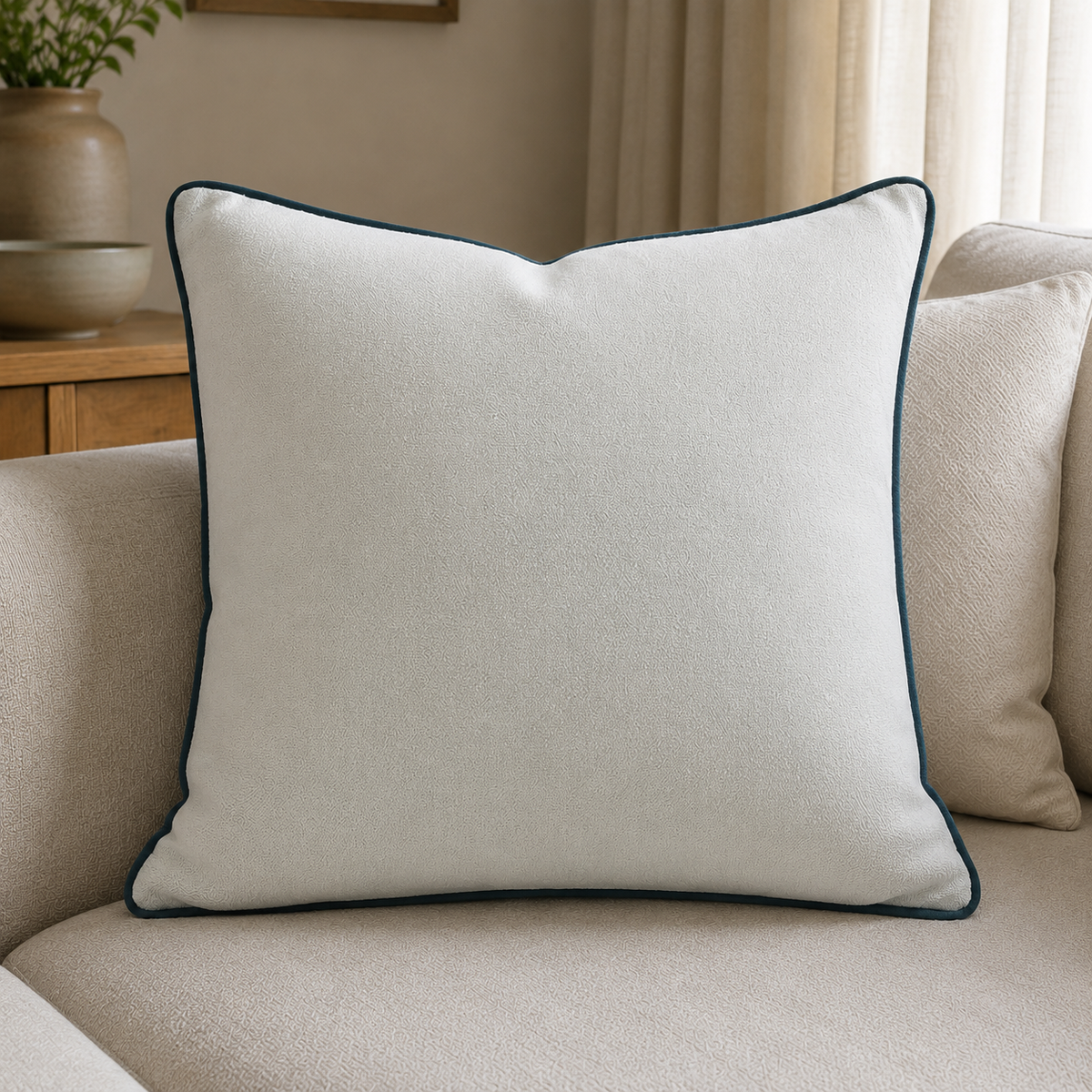 Malini Kivo Blue & Cream Slub Square Cushion 56x56 lifestyle image