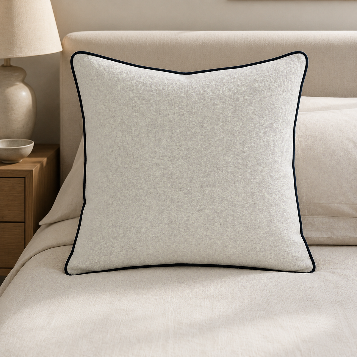 Malini Lge Slub Cream With Navy Piping & Navy Rev Square Cushion 56x56 lifestyle image