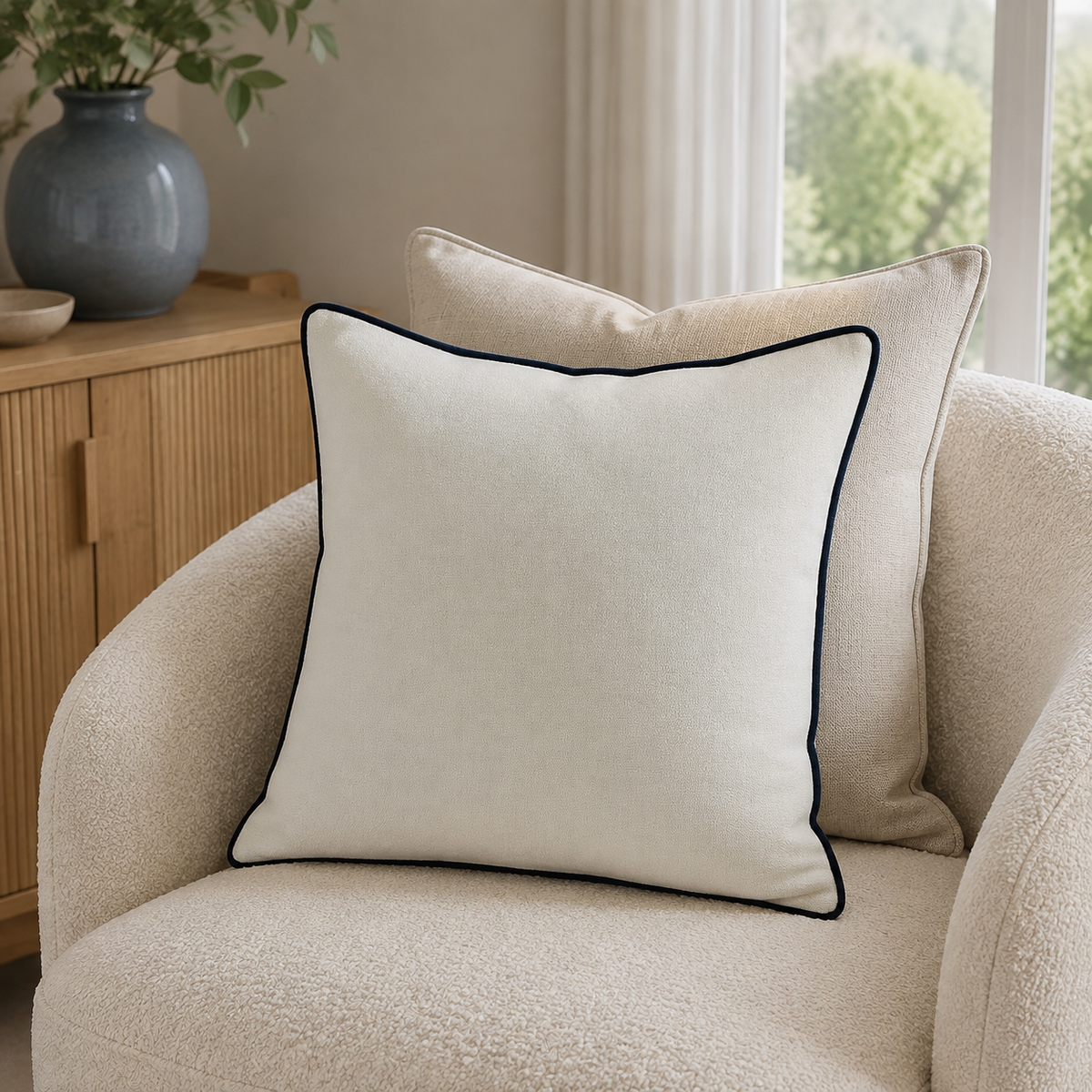 Malini large slub cream cushion with navy piping styled on a light neutral armchair