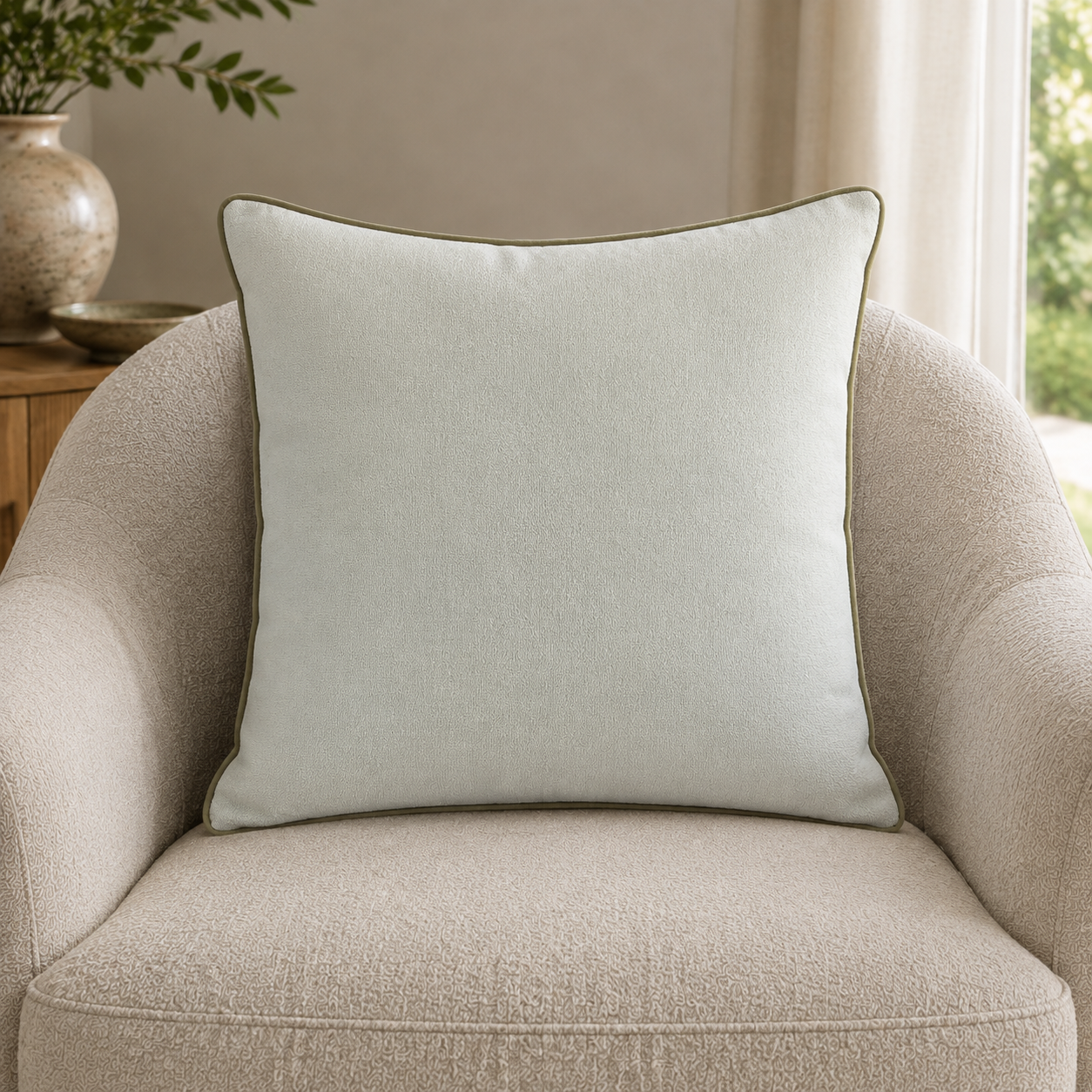 Malini Lge Slub Cream With Olive Piping & Olive Rev Square Cushion 56x56 lifestyle image