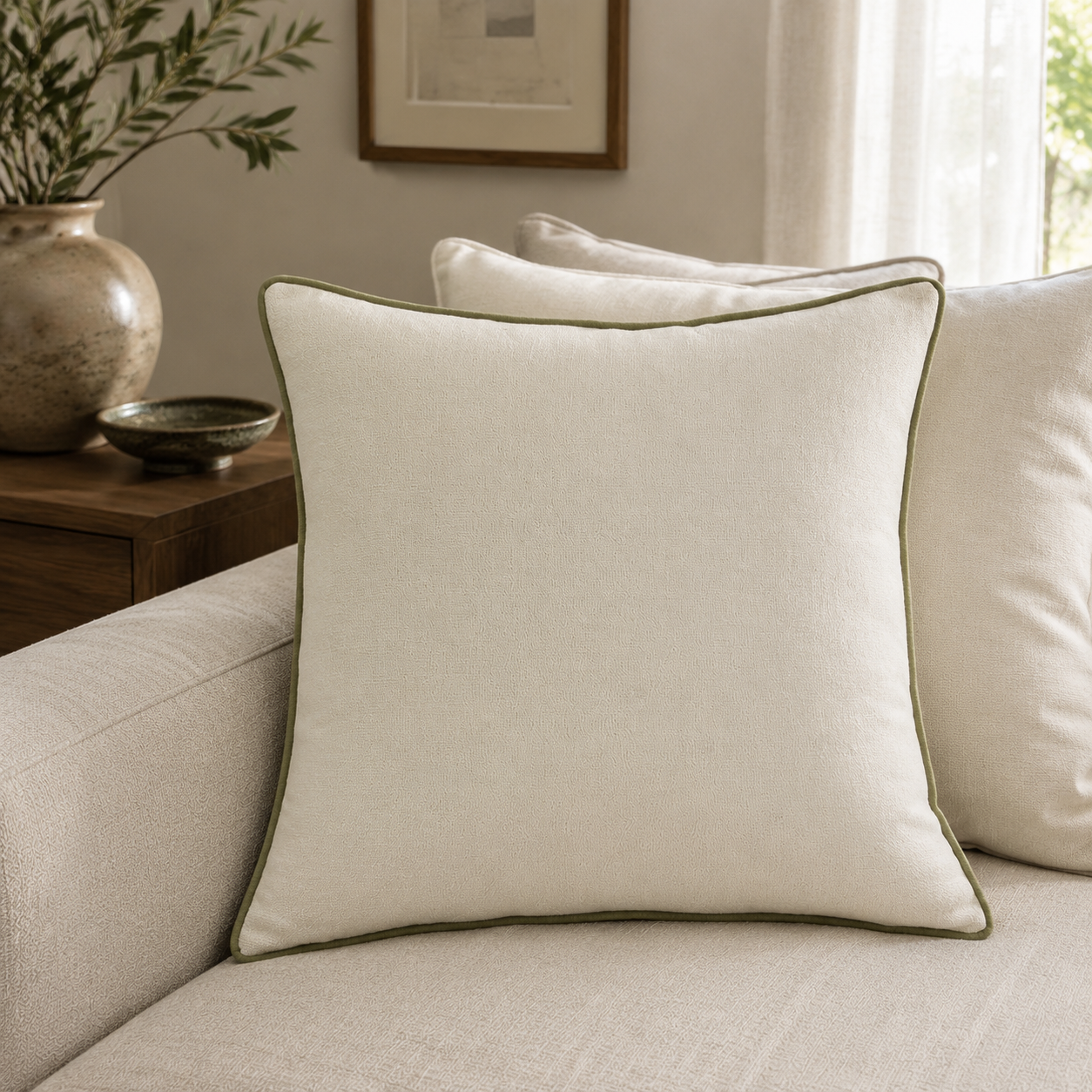 Malini large slub cream cushion with olive piping styled on a light neutral sofa