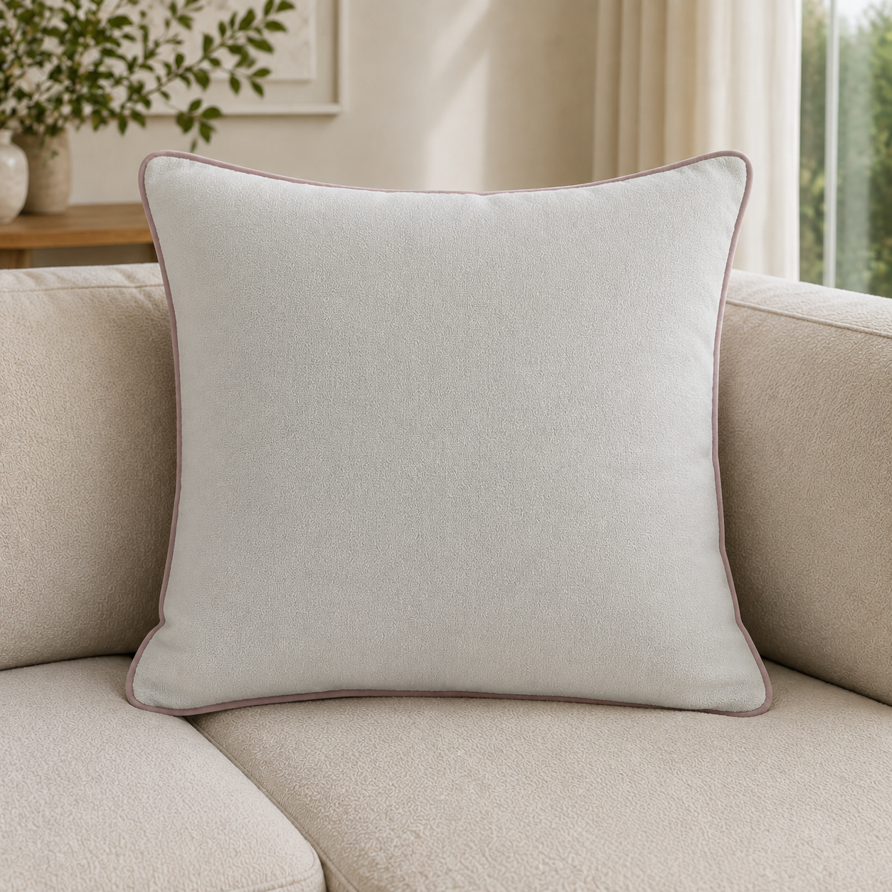 Malini Kivo Pink & Cream Slub Square Cushion 56x56 lifestyle image