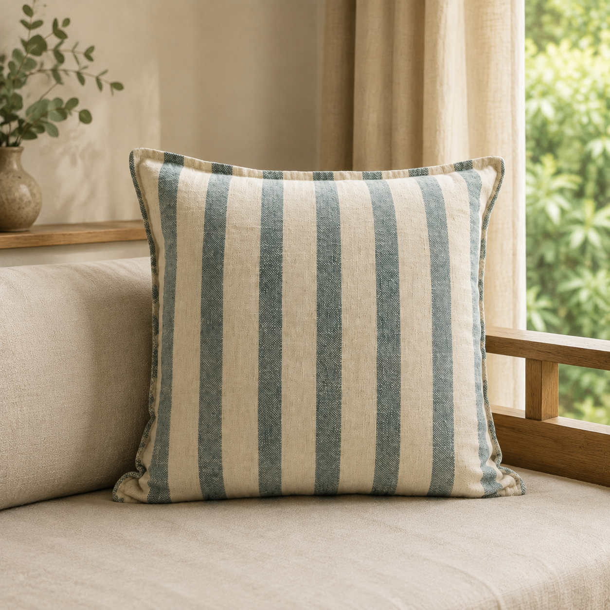 Malini Lina Blue Viscose Linen Square Cushion 50x50 lifestyle image