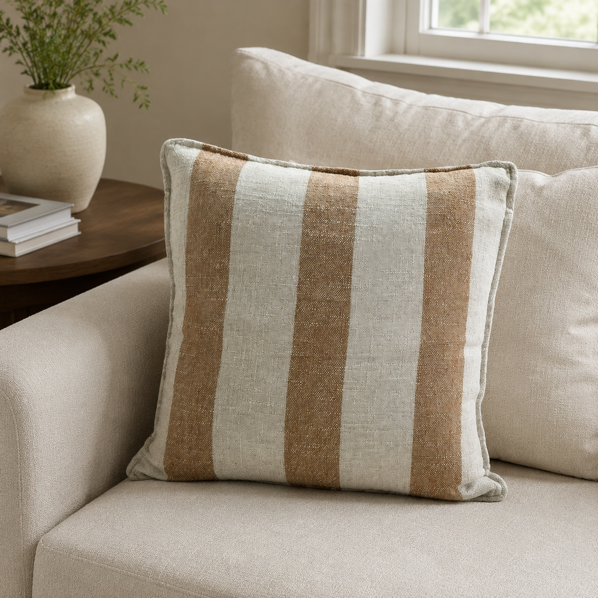 Malini Lina rust orange striped 50x50 cushion styled on a light neutral sofa