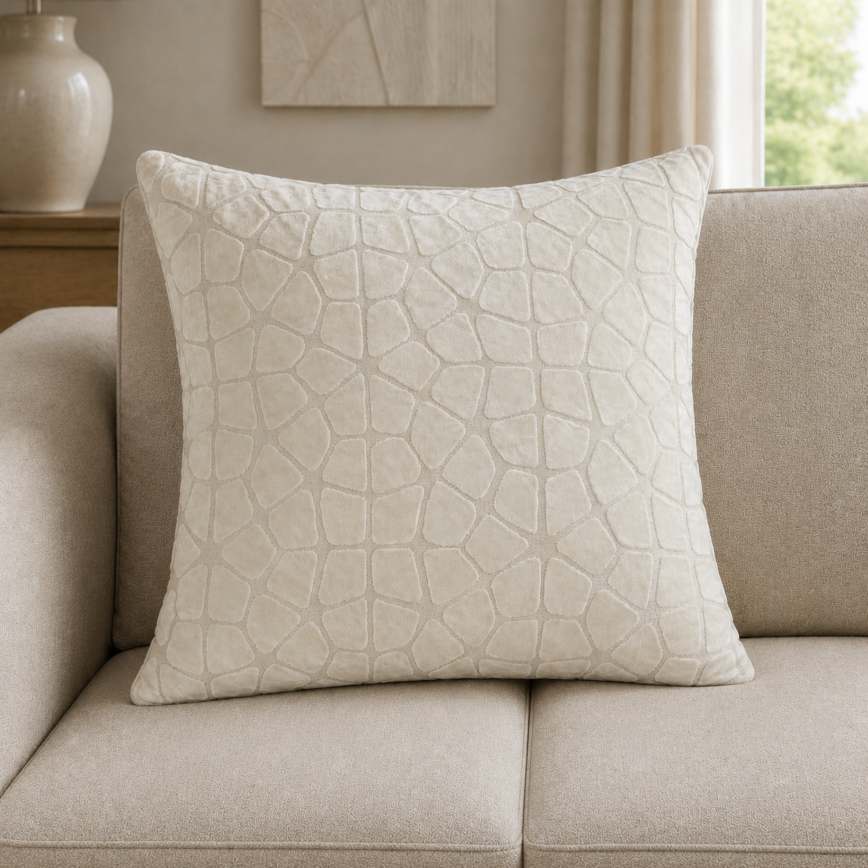Malini Luna Ivory Velvet Square Cushion 56x56 lifestyle image