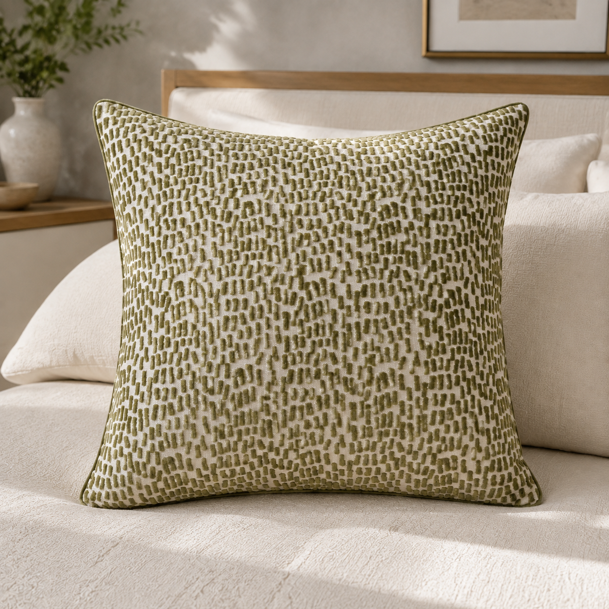 Malini Melody Olive Green Velvet Square Cushion 56x56 lifestyle image
